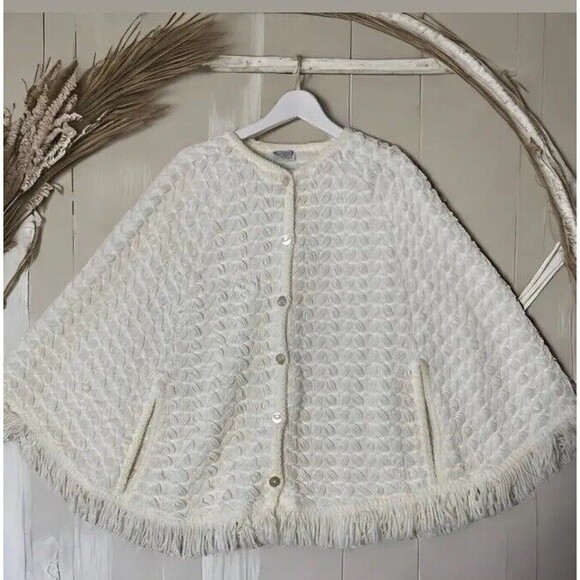 Sweaters - VTG Cable Sweater Cape Poncho 60s 70s Festival Fringe Boho Cottagecore Hippie